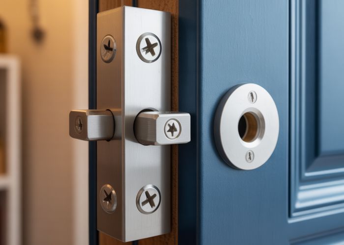 Installation of a heavy-duty reinforced strike plate on a door frame for enhanced security.