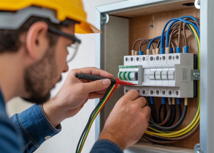 Electrician relocating electrical panel wires, ensuring safety and code compliance.