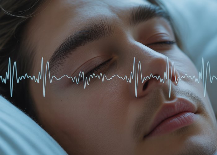 Illustration of brainwave activity during REM sleep, showing rapid eye movements.