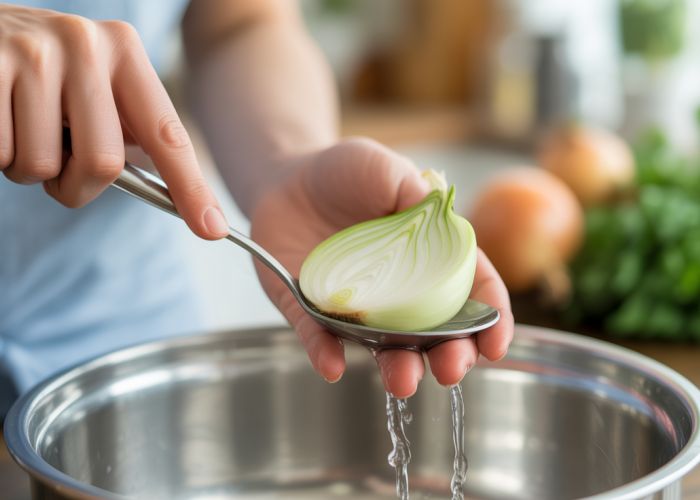 Using a stainless steel spoon to remove onion smell from hands.