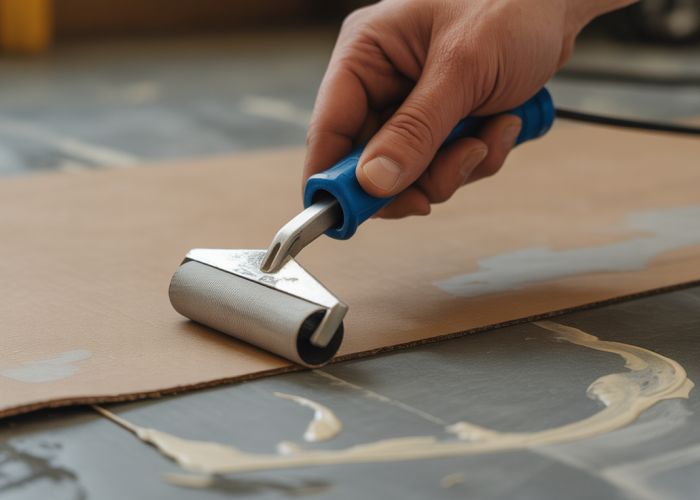 Hand removing stubborn contact cement residue from a surface.