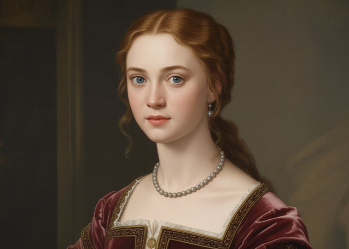 Renaissance-style portrait of a young woman with blue eyes wearing a velvet gown and pearl necklace.