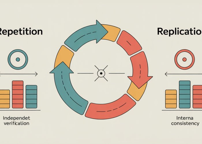 Illustration comparing repetition and replication in research, highlighting the importance of independent verification and internal consistency for scientific validity.