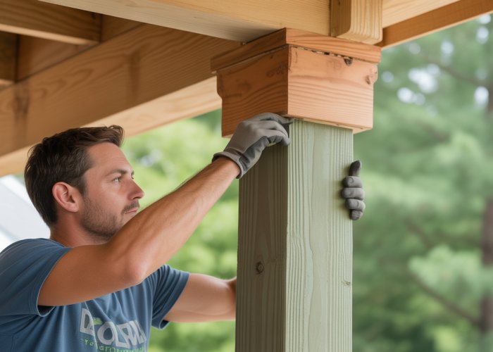 Homeowner installing a new wooden porch post on their front porch.