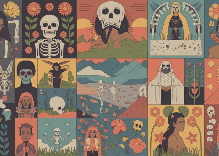 Digital painting showcasing diverse cultural symbols of death including skulls, flowers, and deities associated with the afterlife, rendered in a rich and symbolic style.