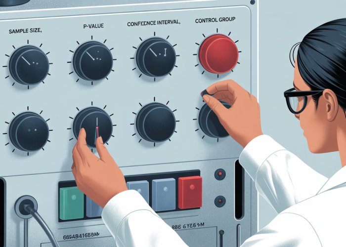Researcher adjusting dials labeled with 'Sample Size', 'Confidence Interval', 'P-Value', and 'Control Group' illustrating the importance of parameters in research.