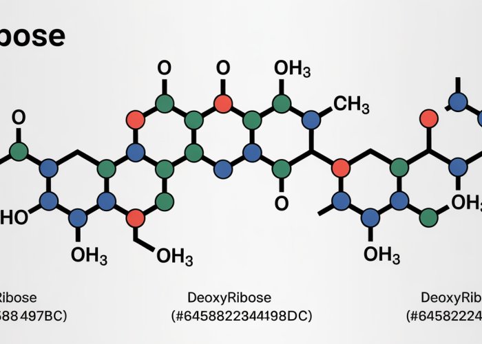 Ribose molecular structure diagram showing carbon atoms and hydroxyl groups. Illustration of the difference between ribose and deoxyribose.