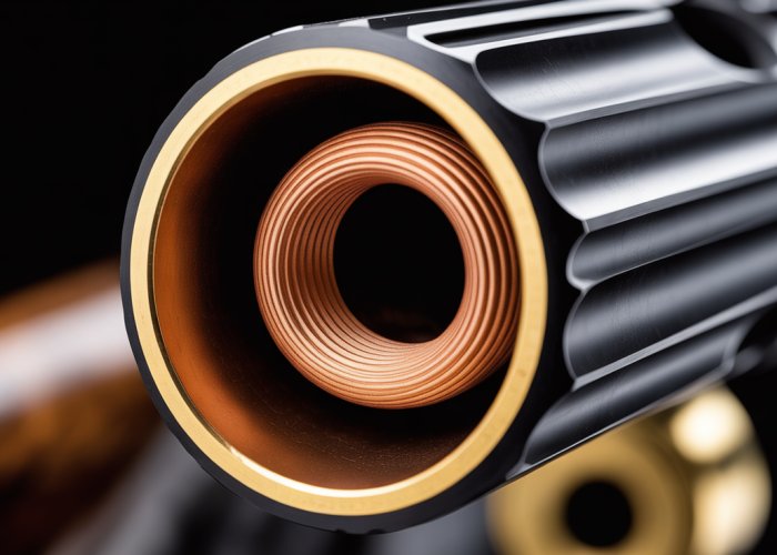 Close-up view of the rifling grooves inside a gun barrel, showcasing the spiral pattern.