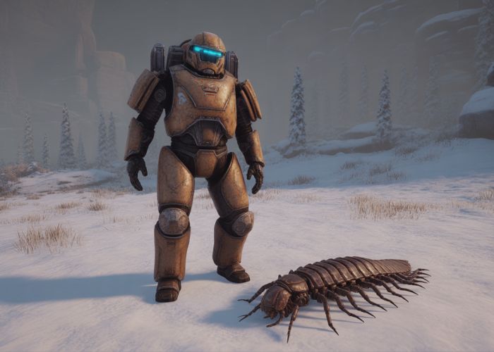 RimWorld colonist in cataphract armor victorious over a mechanoid.