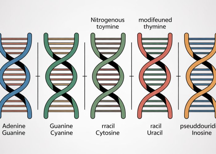 Diagram illustrating the five nitrogenous bases in RNA: Adenine, Guanine, Cytosine, Uracil, and a modified base. Highlights the difference between Uracil and Thymine.