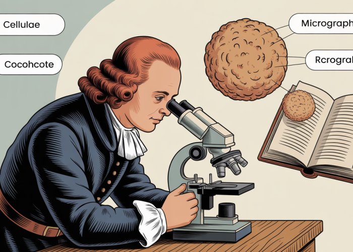 Robert Hooke looking at cork through his microscope, discovering cells.
