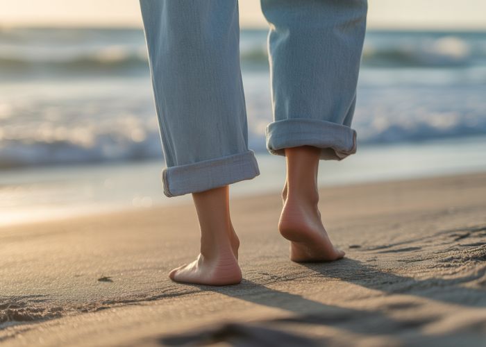 Rolled up jeans and bare ankles on a sunny beach.