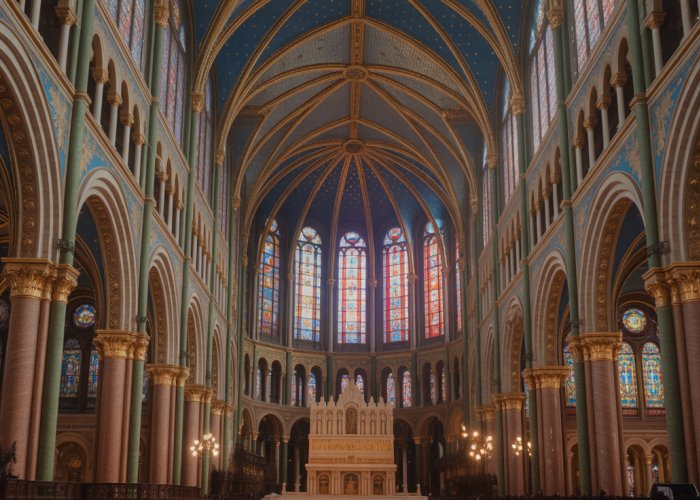 Interior view of a Roman Catholic cathedral featuring arches, stained glass, and altar.