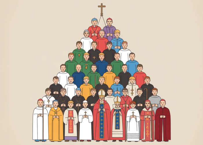 Illustration depicting the organizational structure of the Roman Catholic Church hierarchy, showing the Pope, Cardinals, Bishops, Priests, Deacons, and Laity.