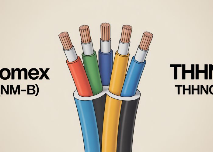 Romex (NM-B) and THHN wires side-by-side, showing differences in their outer sheathing and insulation. Romex is a sheathed cable while THHN is individual wires.