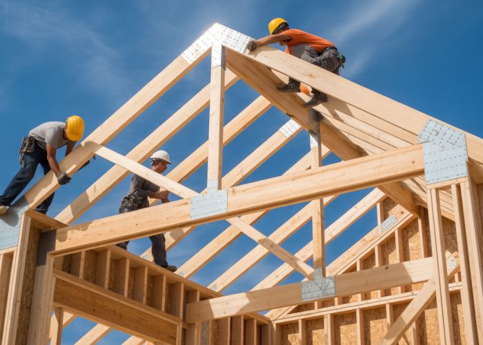 Construction crew installing wooden roof truss on new home