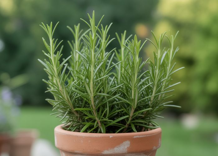 Healthy rosemary plant thriving in a terracotta pot, demonstrating its wide temperature tolerance.