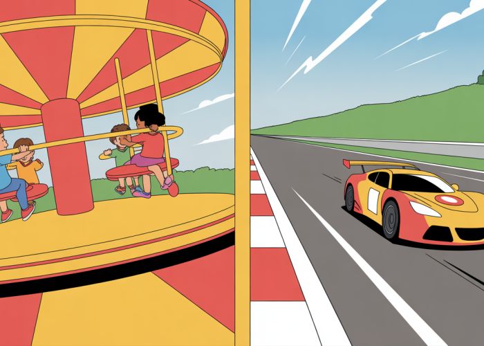 Rotational motion (merry-go-round) versus translational motion (race car).