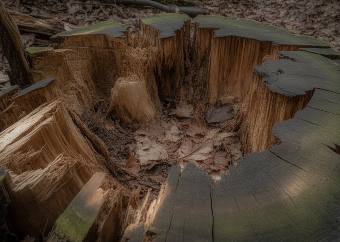 Close-up of a decaying tree stump covered in colorful fungi in a forest.