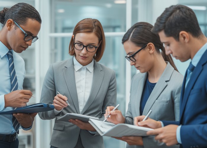 Team using a checklist for routine decisions in a modern office.