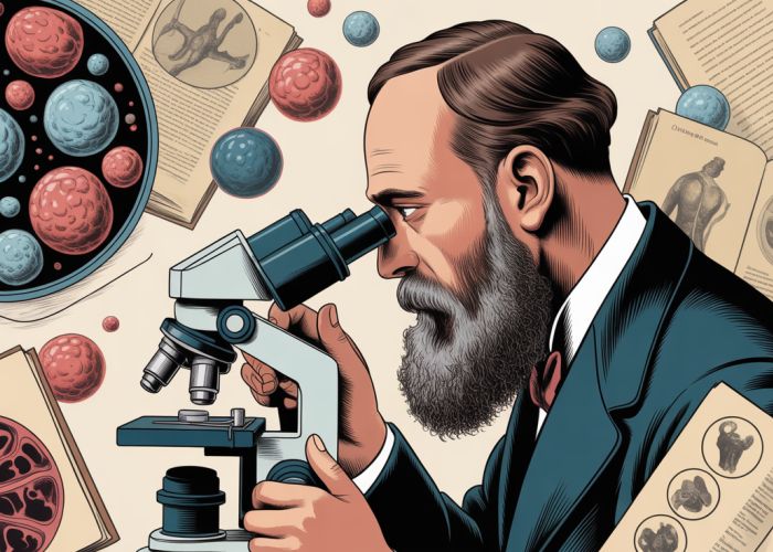 Rudolf Virchow observing cells under a microscope, a key figure in the development of cellular pathology.