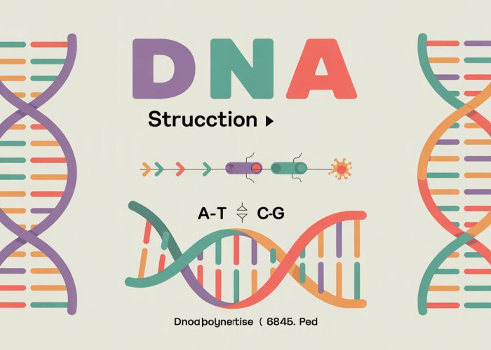Illustration of DNA's double helix structure showing base pairing rules (Adenine with Thymine, Cytosine with Guanine) and DNA replication.