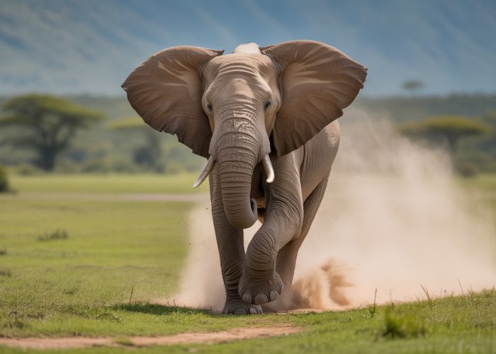 Elephant running at full speed across savanna.