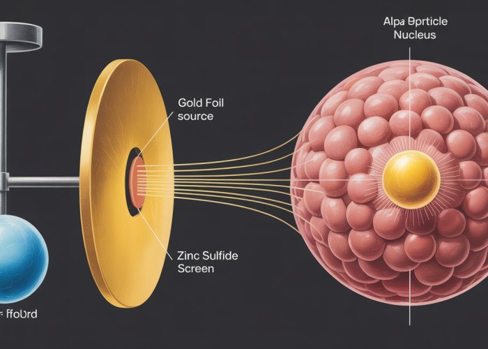 Illustration of Rutherford's gold foil experiment showing alpha particles deflecting off a central atomic nucleus.