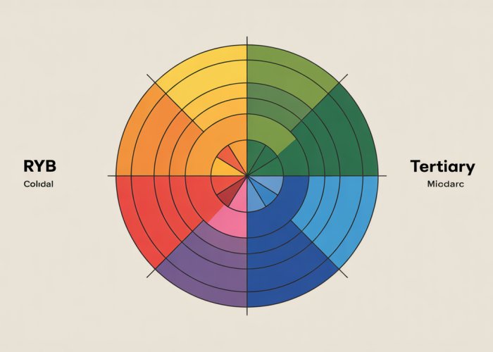RYB color wheel showing how red, yellow, and blue mix to create orange, green, violet, and other colors.