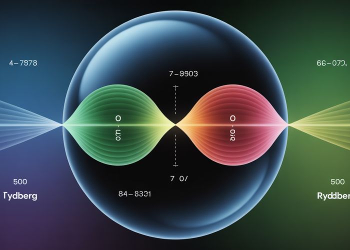 Illustration of electron transitions in a hydrogen atom, demonstrating the Rydberg constant's relationship to emitted photon energies.