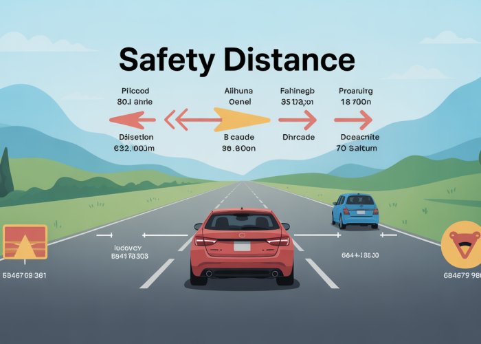 Infographic explaining the safety distance formula for driving, showing the relationship between speed, reaction time, and braking distance.