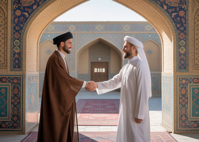 People exchanging a 'salam' greeting in a warm, Persian-inspired setting.
