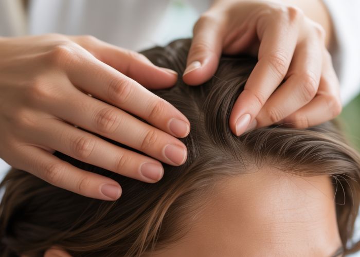 Hands gently massaging a scalp to promote hair growth and relaxation.