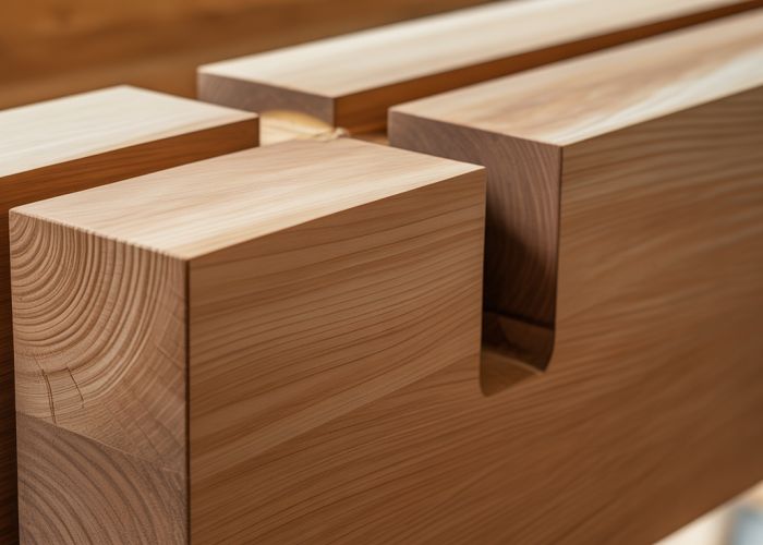 Close-up of a precisely crafted scarf joint on a large wooden beam.