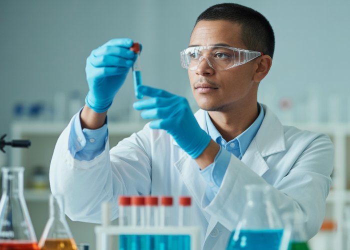 Scientist meticulously conducting an experiment in a lab, representing the steps of scientific research.