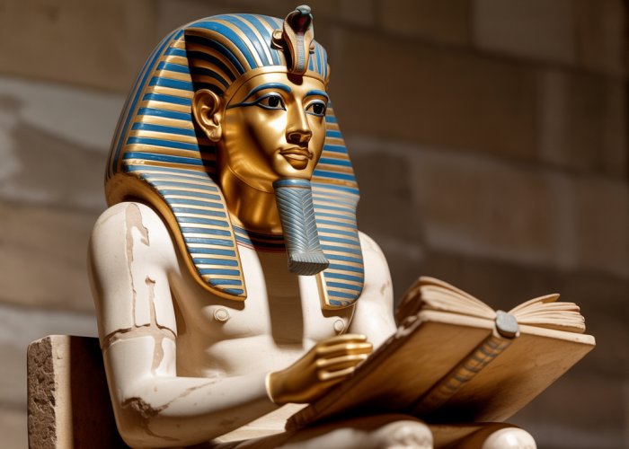 Close-up of the Seated Scribe statue, a limestone sculpture from ancient Egypt depicting a scribe with papyrus.