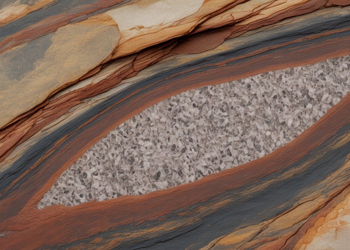 Sedimentary rock sample with a granite inclusion, showcasing the geological contrast between the two rock types.