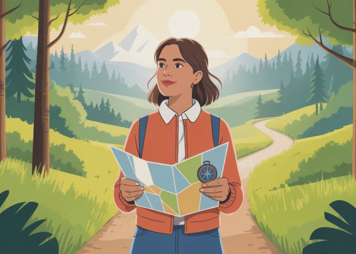 Young woman at a forest crossroads, contemplating her journey of self-discovery and purpose with a map and compass.