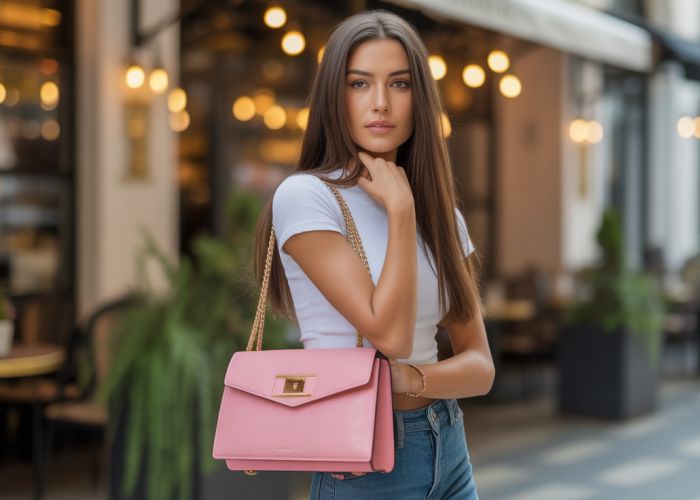 Woman confidently showcasing a designer handbag in a trendy urban setting, highlighting the luxury and style.