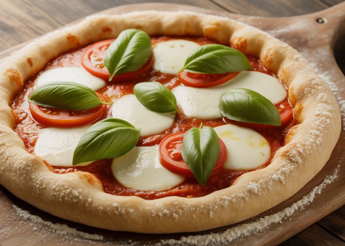 Homemade pizza with semolina crust, showcasing a golden-brown color and textured surface.