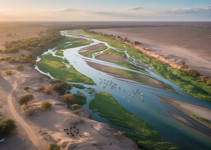 Aerial view of the Senegal River flowing through the arid landscape of Senegal.
