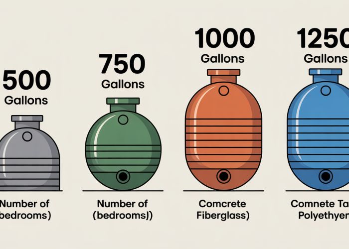 Septic tank sizing guide showing different tank sizes and their corresponding home size capacity in bedrooms.