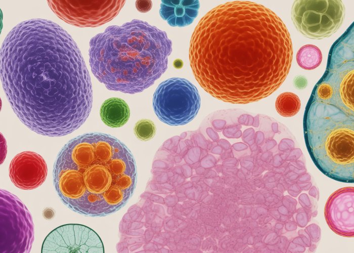 Microscopic view showing the diverse shapes of cells in a tissue sample, including squamous, columnar, cuboidal, muscle, and nerve cells.