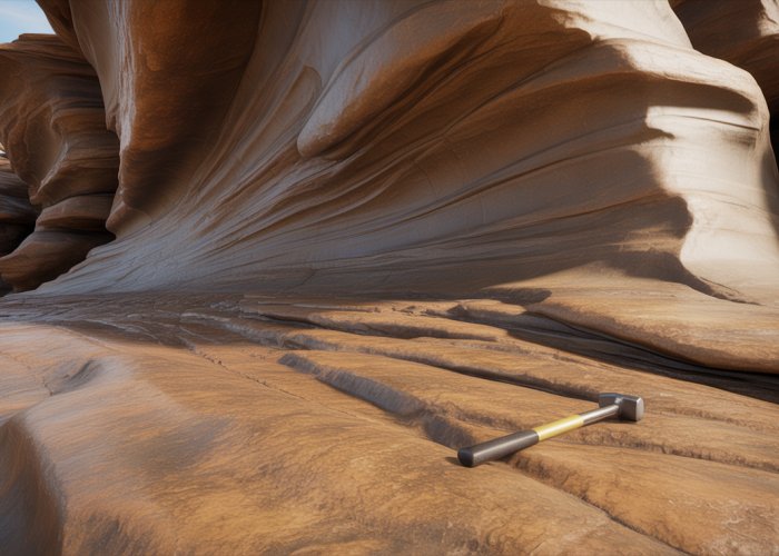 Rock formation displaying evidence of shearing stress, including slickensides and drag folds, with a geologist's hammer for scale.