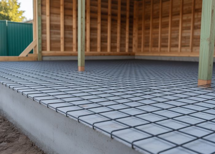 Newly poured concrete shed slab with visible reinforcement, highlighting a durable and level foundation.