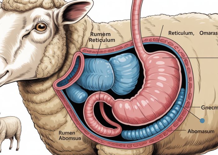 Anatomical illustration of a sheep's digestive system showing the rumen, reticulum, omasum, and abomasum.