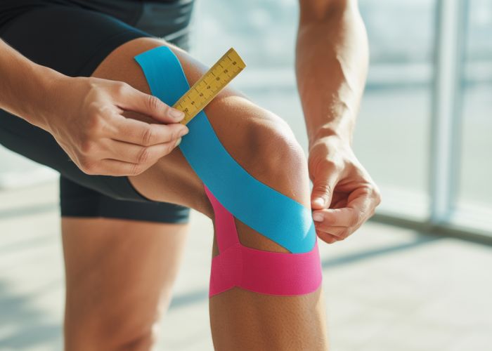 Close-up of shin splint taping technique demonstrating proper application of kinesiology tape for shin pain relief.