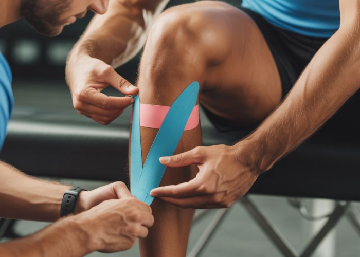 Physiotherapist applying shin splints strapping technique to a runner's lower leg using athletic tape.