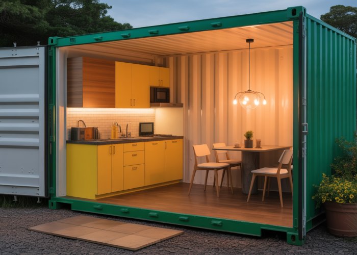Modern kitchenette built inside a repurposed shipping container.