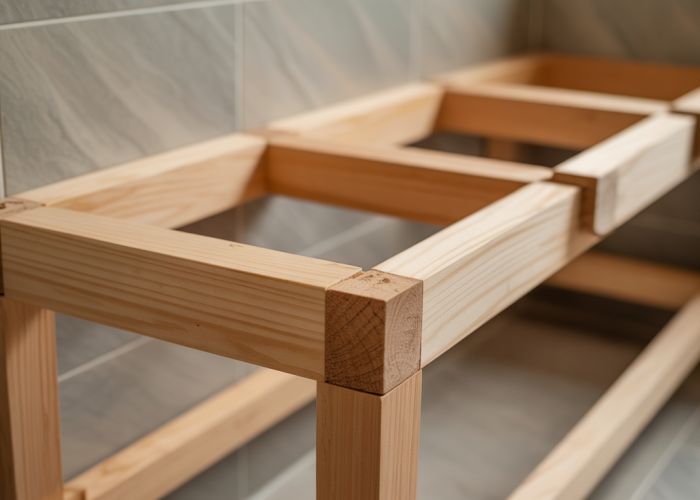 Detailed view of the wooden frame for a built-in shower bench, emphasizing strong supports and secure joinery.